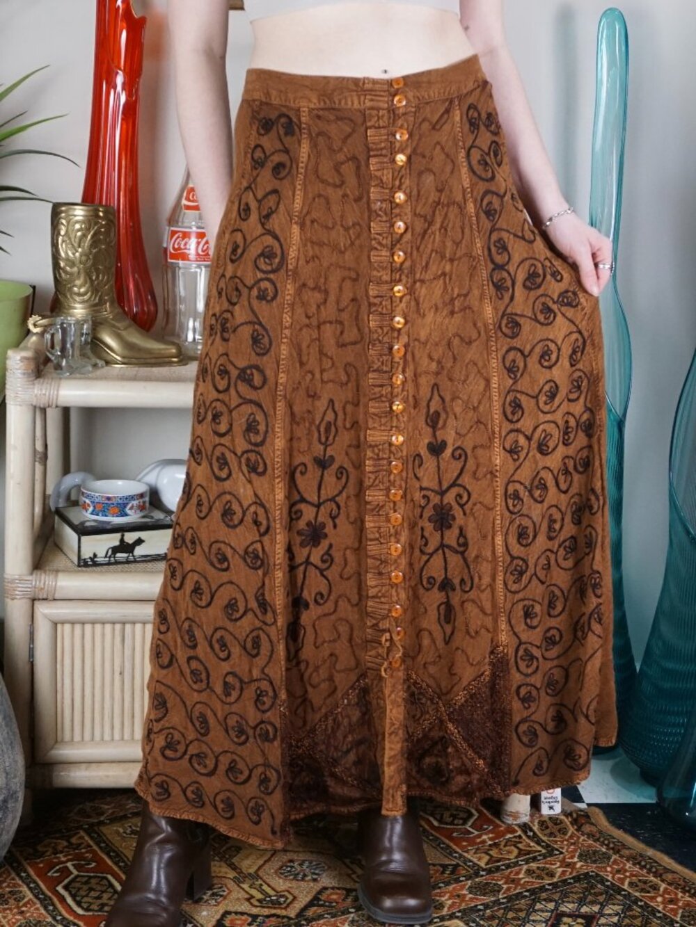 Vintage boho textured button up front midi skirt whimsigoth